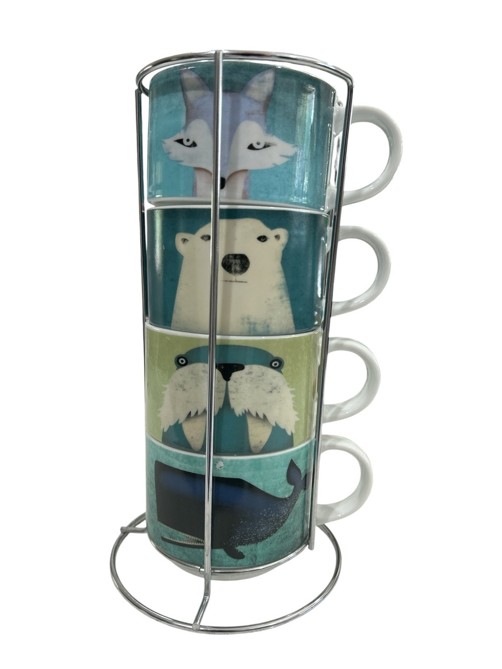 Pier 1 Set of Four Stacking Mugs and Rack - Whale Walrus Polar Bear and Fox